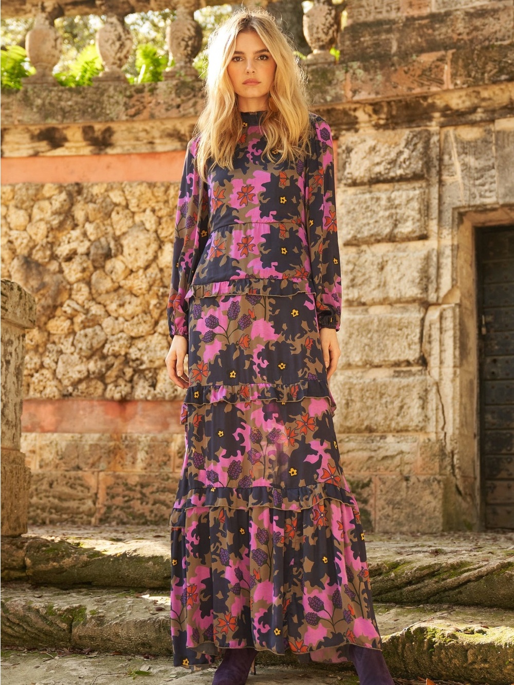 Oliphant Mock Neck Maxi Dress Suzani Navy Floral size XXS